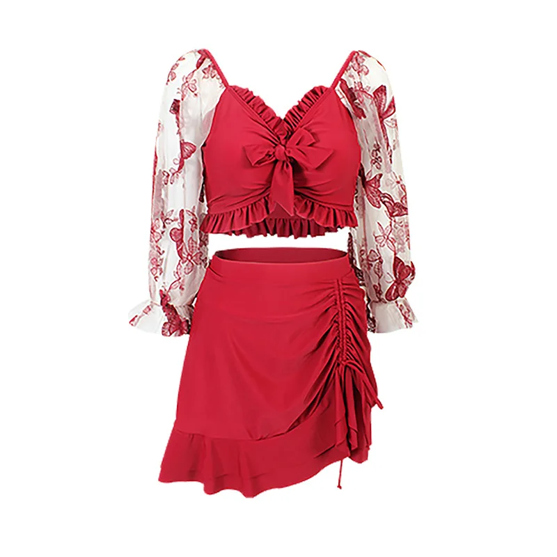 

Swimsuit For Women 2021 Tankinis Push Up Bikini Set Swimwear Lace Long Sleeve Skirt Split Little Japanese Korean Summer Hot