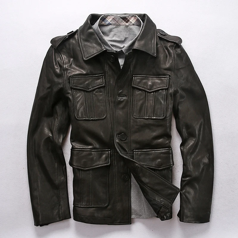 Мужская куртка из натуральной овечьей кожи с несколькими карманами|Мужские