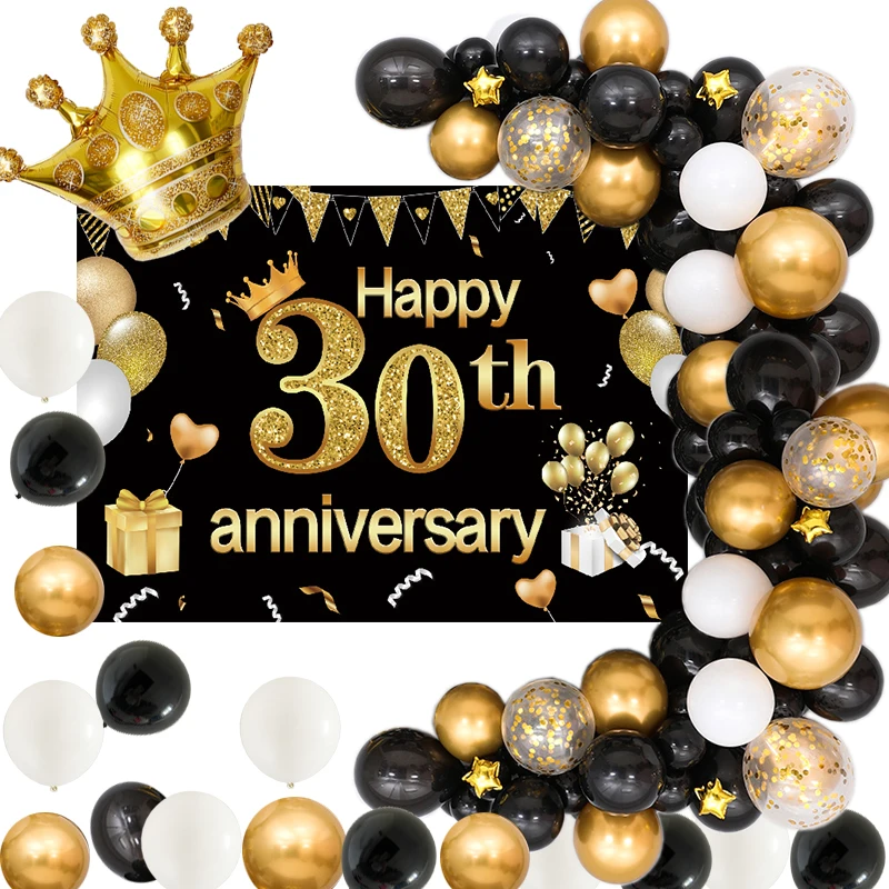 

10th 20th 30th 40th 50th Happy Anniversary Party Decoration Backdrop Black Gold Balloon Garland Arch For Birthday Ceremony Decor