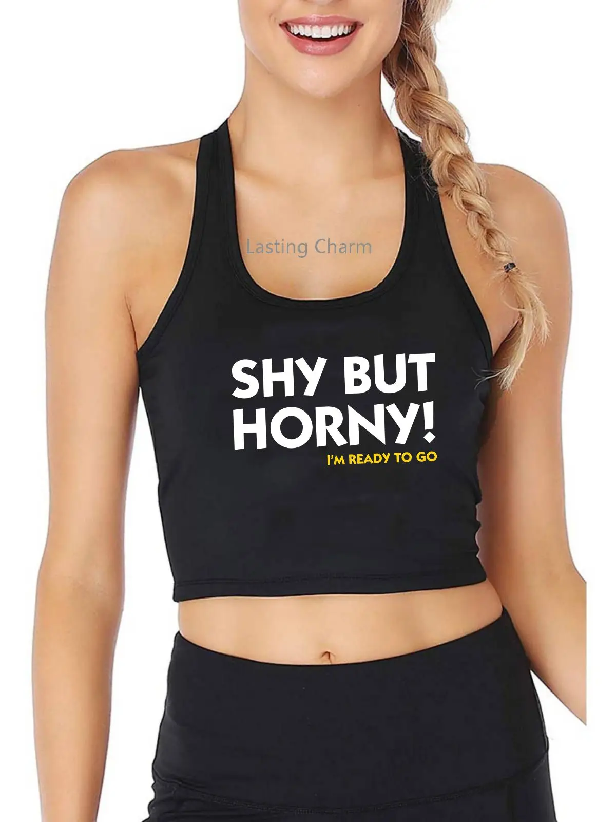 

Shy But Horny Print Tank Top Adult Humor Fun Flirty Harajuku Print Yoga Sports Workout Crop Top Women's Gym Top