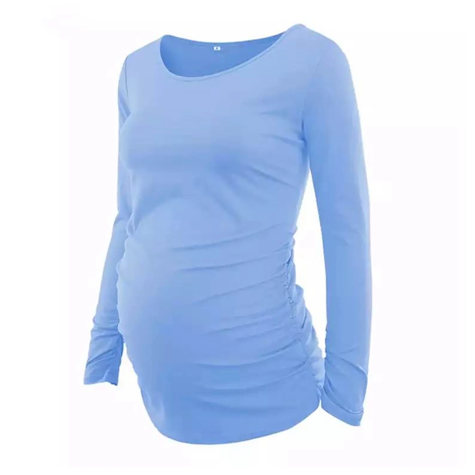 Casual Pregnancy T Shirts Pregnant Maternity Clothes Autumn Winter Side Ruched Solid Color Round Neck Long Sleeve Women Clothes