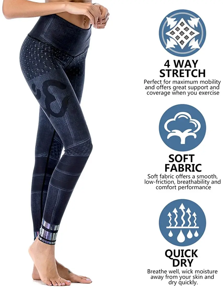 Denim Pattern Gym Sport Leggings Women Fitness High Waist Tummy Control Pants Workout Pull Up Skinny Yoga Trousers Femme