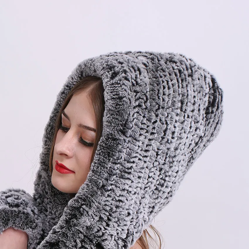 

Hat Women New Knitted Real Rex Rabbit Fur Hat Hooded Scarf Winter hats for Woman Cap Warm Natural Fur Hat With Neck Scarves