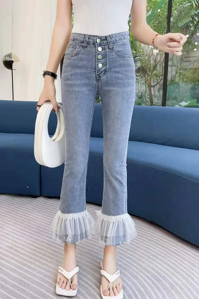 

2021 Summer New Lace Stitching Beads Stretch Denim Boot-Cut Pants High Waist Cropped Women Jeans Patchwork Female Flare Pants