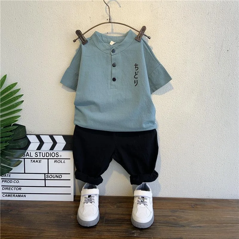 

Boys summer clothes, baby cotton and linen clothes, children's fashion short-sleeved two-piece suit kids clothing BT41