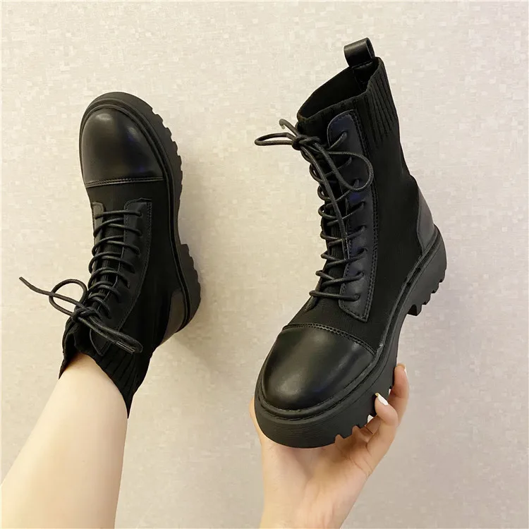 

Knitting splicing women's boots British lacing 2021 casual fashion winter new thick bottom socks boots wild round head boots
