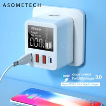 40W USB Charger Quick Charge 3.0 For iPhone 12 11 4 Ports PD USB C Fast Portable Charger LCD Display Travel Wall Charger Adapter