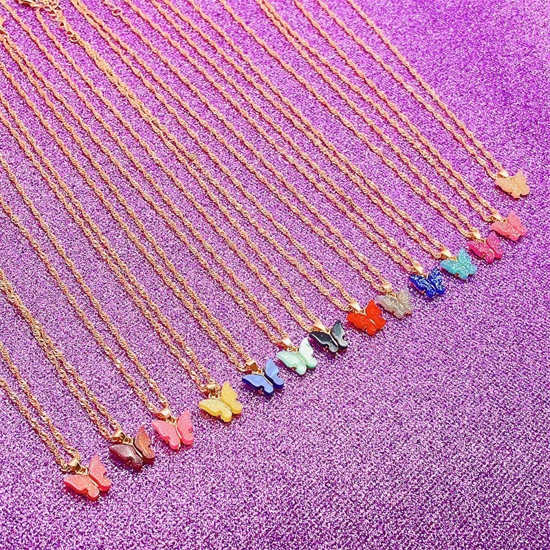 

Multicolor Pink Butterfly Pendant Necklacce Sweet Cute Acrylic Butterfly Insect Crystal Adjustable Clavicle Chain Jewelry Gift