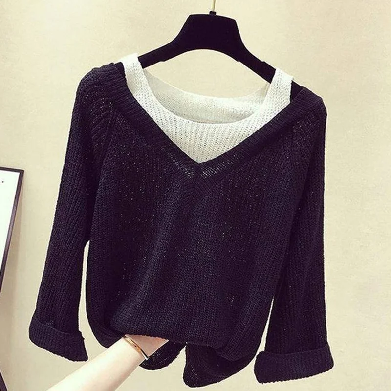 Pullover Sweater Women Winter 2020 Loose Long Sleeve Fake Two Fashion Knitted Sweaters Plus Size | Женская одежда