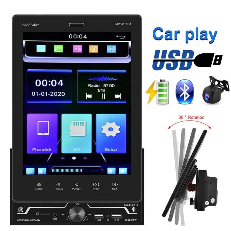 

2Din MP5-плеер с сенсорным экраном 9,5 дюйма, автомобильное стерео радио для Apple/Android CarPlay, Bluetooth Mirror Link Navi + AHD камера