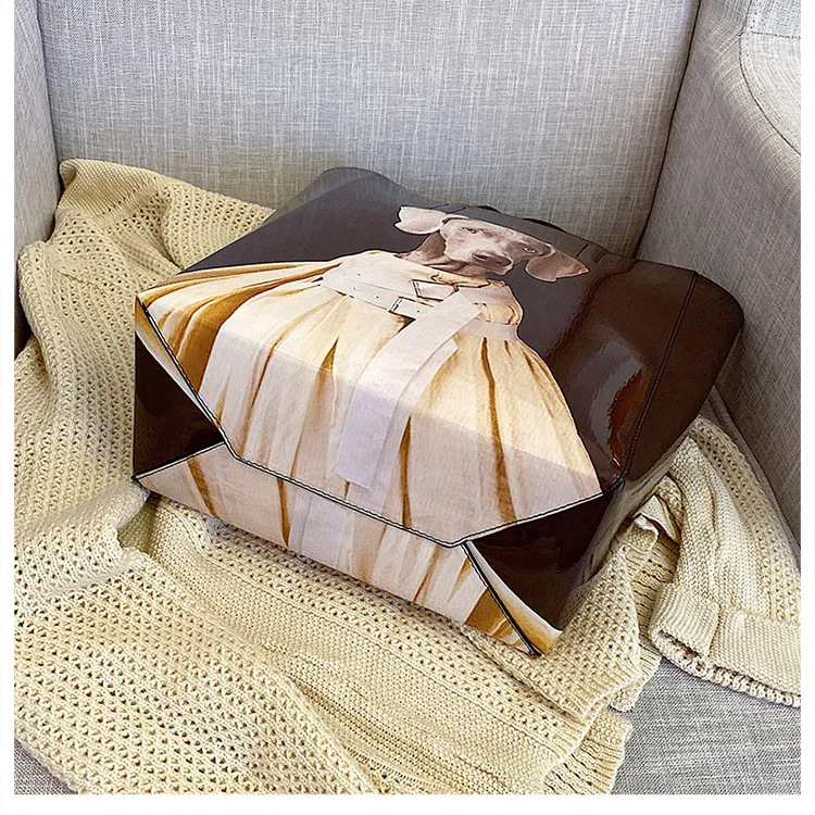 

2019 Trend Dog Print Poster Tote Women Mirror Shopping Crossbody Personality Handbag Big Capacity Patent leather Shoulder Bag