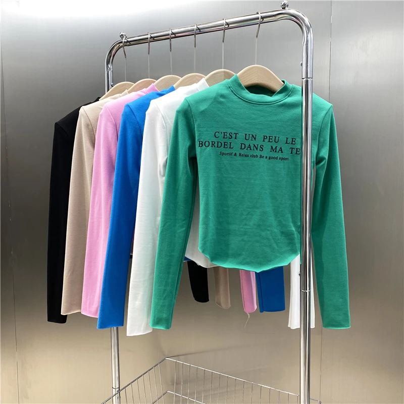 Новинка 2021 футболка с круглым вырезом и длинным рукавом открытым пупком надписью