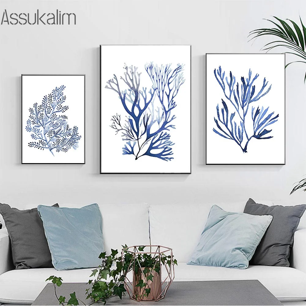 

Blue Plant Coral Print Minimalist Poster Nordic Canvas Painting Botanical Prints Modern Wall Paintings For Living Room Decor