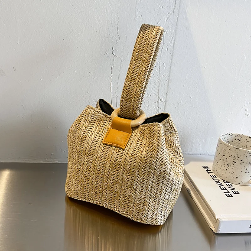 

Fashion Women's Small Portable Bucket Bags Ladies Summer Straw Woven Shoulder Messenger Bag Retro Female Chain Pouch Handbags