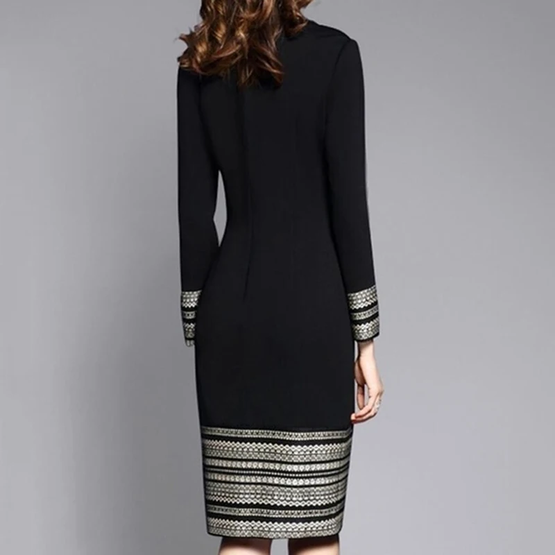 

Autumn Women Dresses O Neck Long Sleeve Patchwork Pencil Spring Dress Female Striped Printed Knee Length Dress