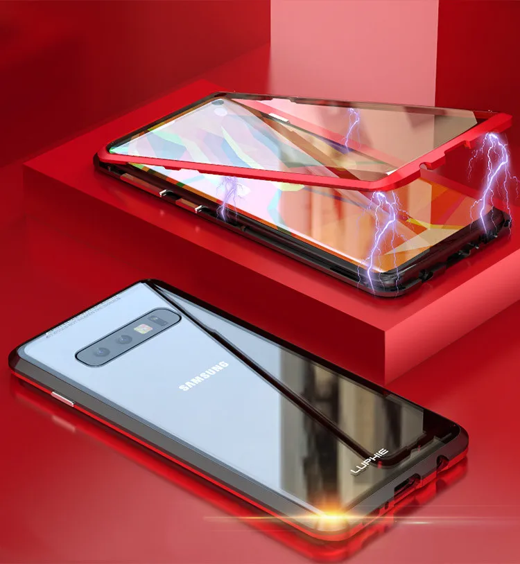 Black Red Для samsung Galaxy S10 S9 Plus 360 полная защита Магнитный адсорбционный чехол переднее и заднее закаленное стекло Полное покрытие экрана - Цвет: Black Red
