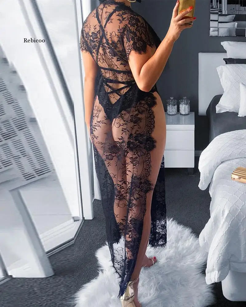 

Lady Bedroom See Through Slim Fit Babydolls Women Sexy Eyelash Lace Sheer Mesh High Slit Nightgown