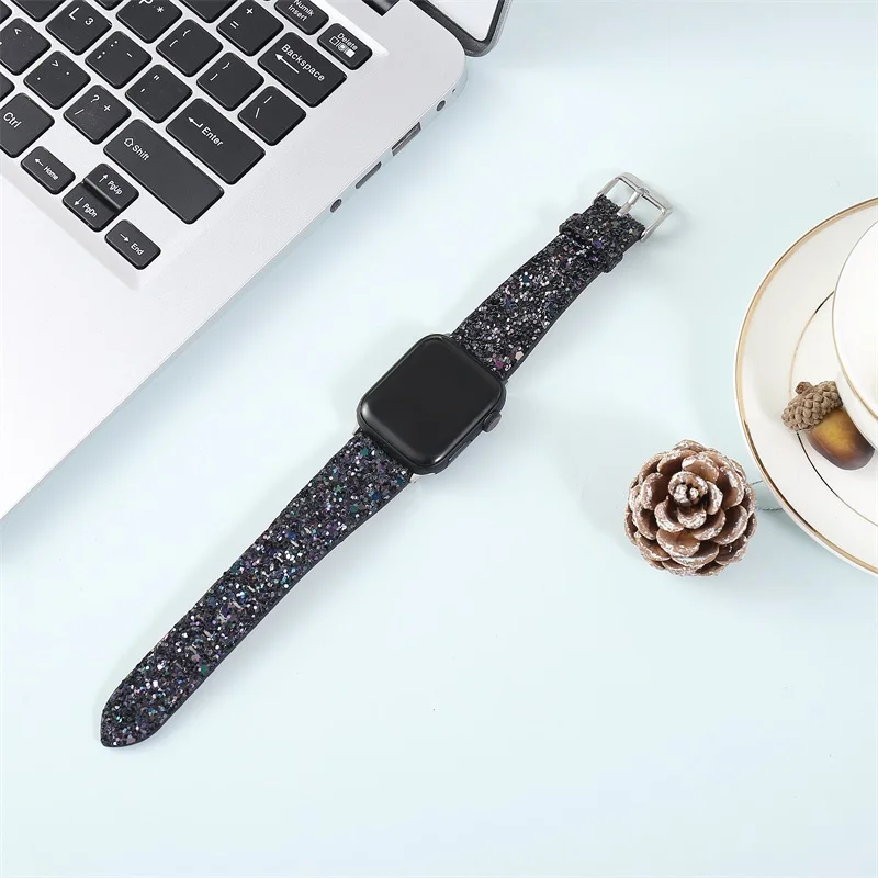 

Bling leather Strap For Apple Watch Band 38mm 40mm 42mm 44mm Womens Shiny Glitter Bands For iWatch Series 6 5 4 3 2 1 SE Strap