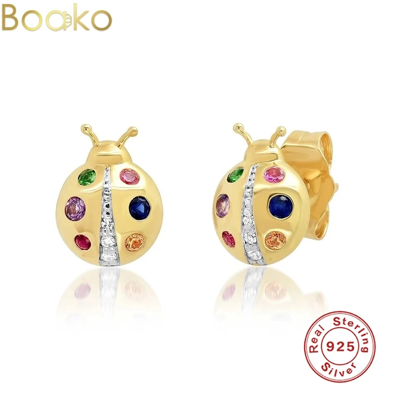 

BOAKO 925 Sterling Silver Geometric Multicolor Ladybug Pendant Necklaces Colorful Ladybug Stud Earrings For Women Bijoux Gifts