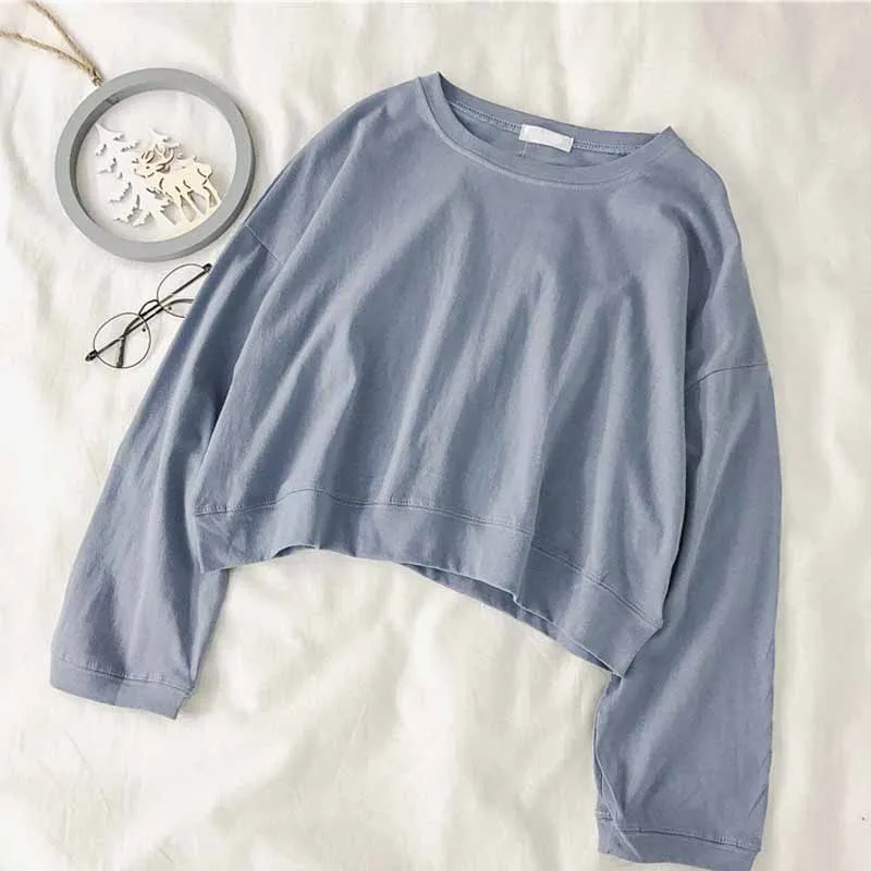 Plus Size Early Autumn New Korean Style Simple Solid Color Short Sweetshirts Loose Casual O-neck Thin Tops Women Clothing 11751