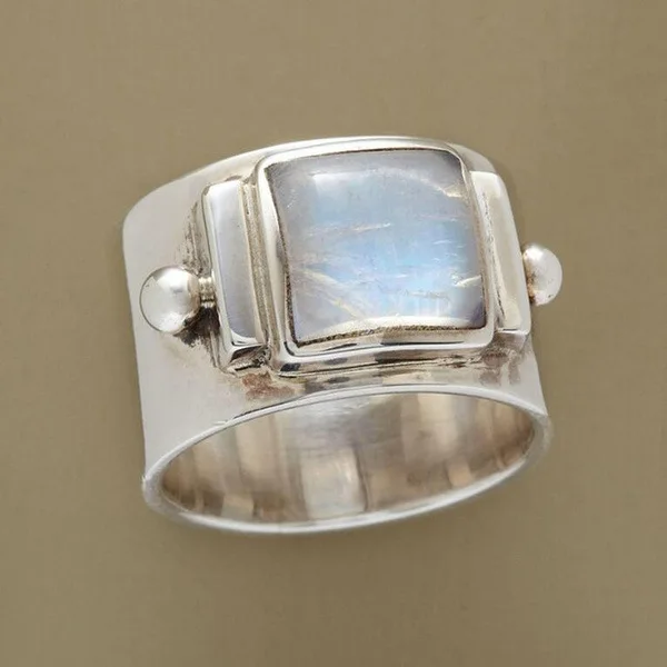 

Vintage Male Female White Moonstone Ring Promise Silver Color Engagement Ring Boho Square Big Wedding Rings For Women Men