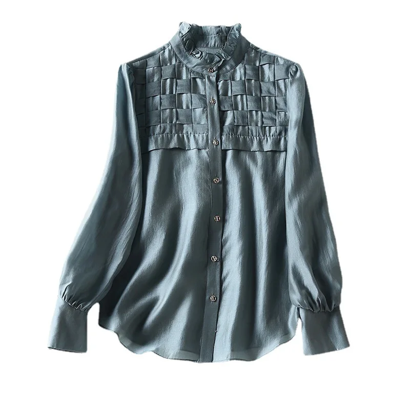 

2021 cardigan temperament commuter long sleeve miscellaneous single-breasted stand collar brown solid color dress shirt woman