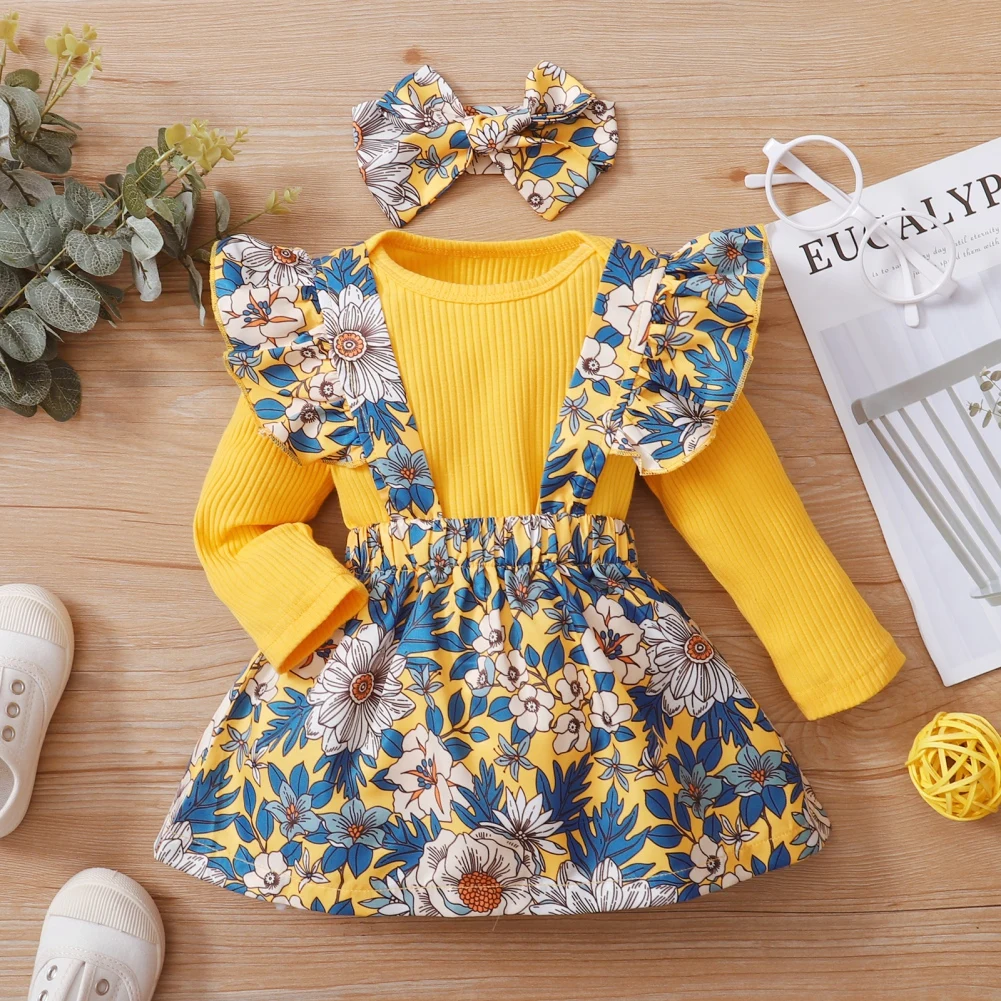 

Infant Newborn Baby Girl Outfits Long Sleeve Romper Floral Print Ruffled Suspender Skirt with Headband Toddler Clothes Set 3-24M