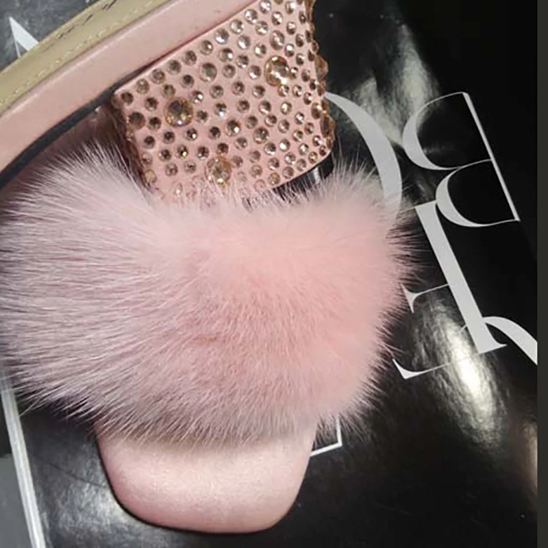 

Fur Slippers Women Summer Shoes Mink Hair Ladies Shoes Crystal 5vm Block Heel Shoes 2019 New Outdoor Slides Red Fashion Shoes