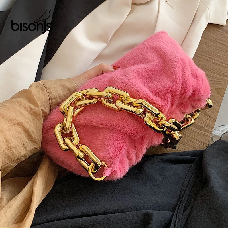 

Сумка на плечо BISONJS из искусственного меха для женщин, зима 2020, мягкая теплая маленькая ручная сумка, женские брендовые трендовые сумки и кош...