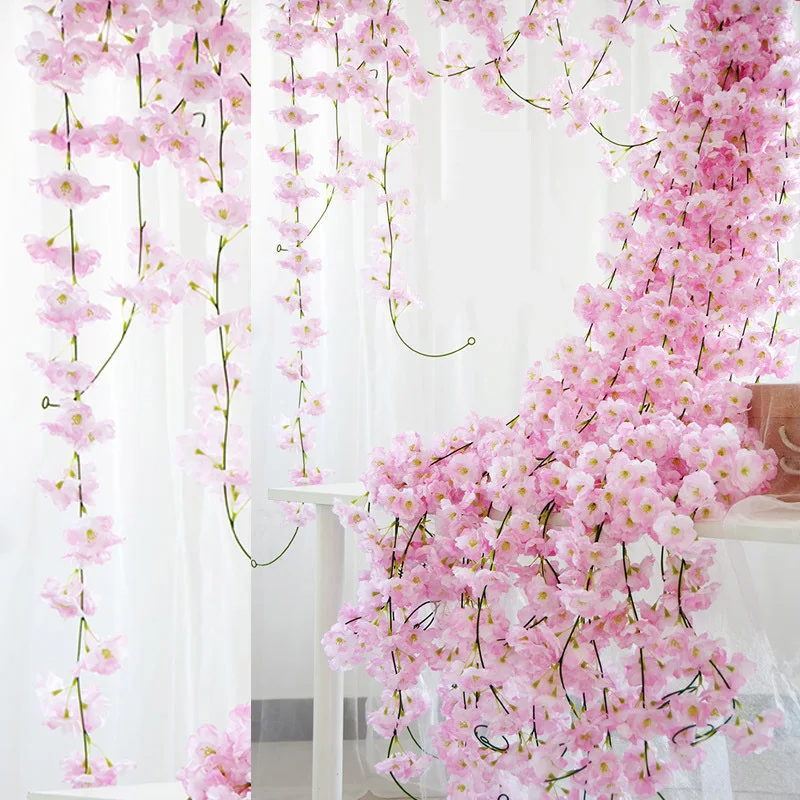 

225CM Artificial Silk Flowers 18 Clusters Cherry Vine Rattan Garland Wall Hanging Faux Cherry Blossom Vine Wedding Home Decor