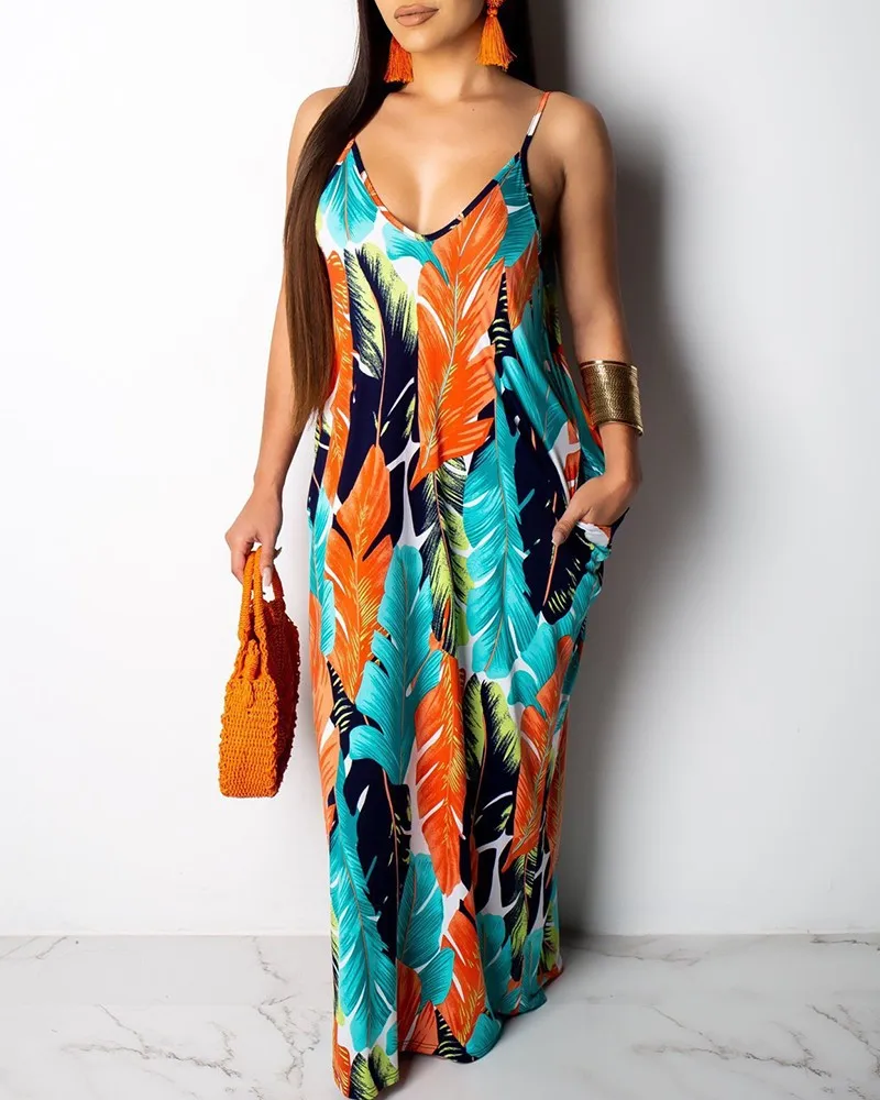 

Leaf Print Pocket Design Maxi Dress