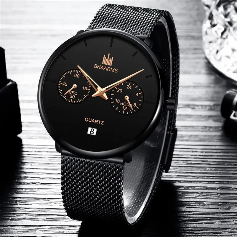 Мужские высококачественные ультра тонкие кварцевые часы из нержавеющей стали с
