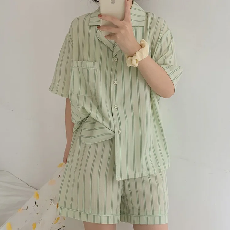 

Pajama Suit 2021 Summer Korean Loose Suit Collar Short Sleeve Shirt Stripe Elastic Shorts Pajama Women's Two Piece Set Homewear