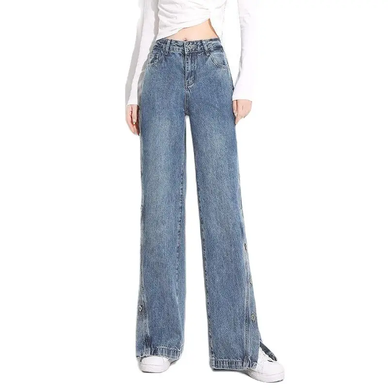 

Spring Summer Women's Wide-leg Jeans Side Buttons Blue Retro Pants 2021 New Casual Fashion Sweet Style Super Large Size