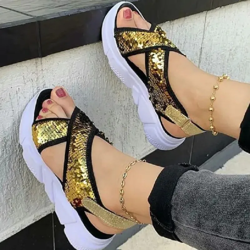 

Women's Flat Sandals 2021 New Summer New Slippers Cross Rhinestone Sandals Wild Platform Outer Wear Slippers Black Gold