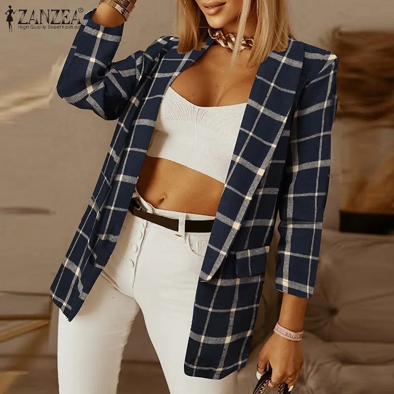 

Женская рубашка в клетку с принтом ZANZEA Eleagnt, Повседневная Блузка с длинным рукавом и лацканами, осенняя Рабочая офисная рубашка, Женская тун...