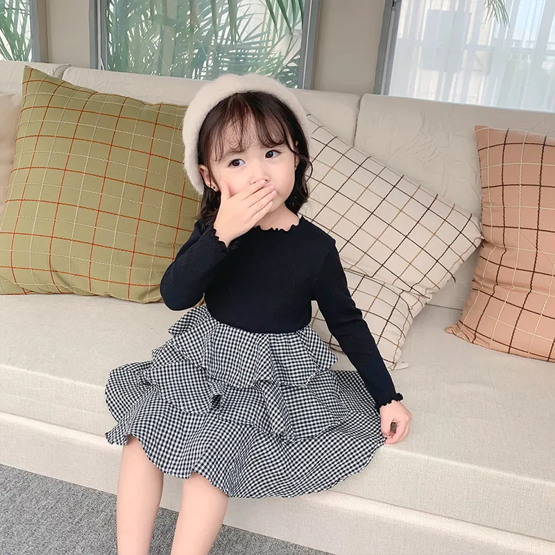 2019 Autumn New Arrival Korean style cotton matching colors princess long sleeve plaid cake dress for cute sweet baby girls | Детская