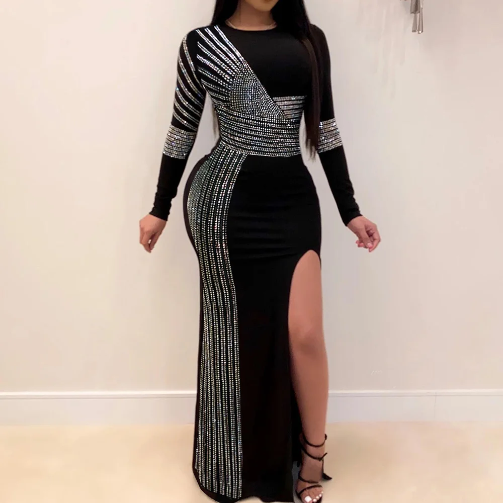 Сексуальное женское черное облегающее платье с блестками длинное макси для