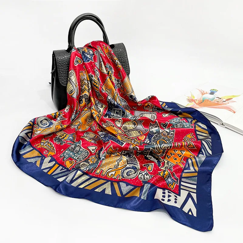 

90 см шелковый шарф для женщин 2021 Новое атласное платье тюрбан из сатина с рисунками героев мультфильма большой квадратный шарф, платок, модн...