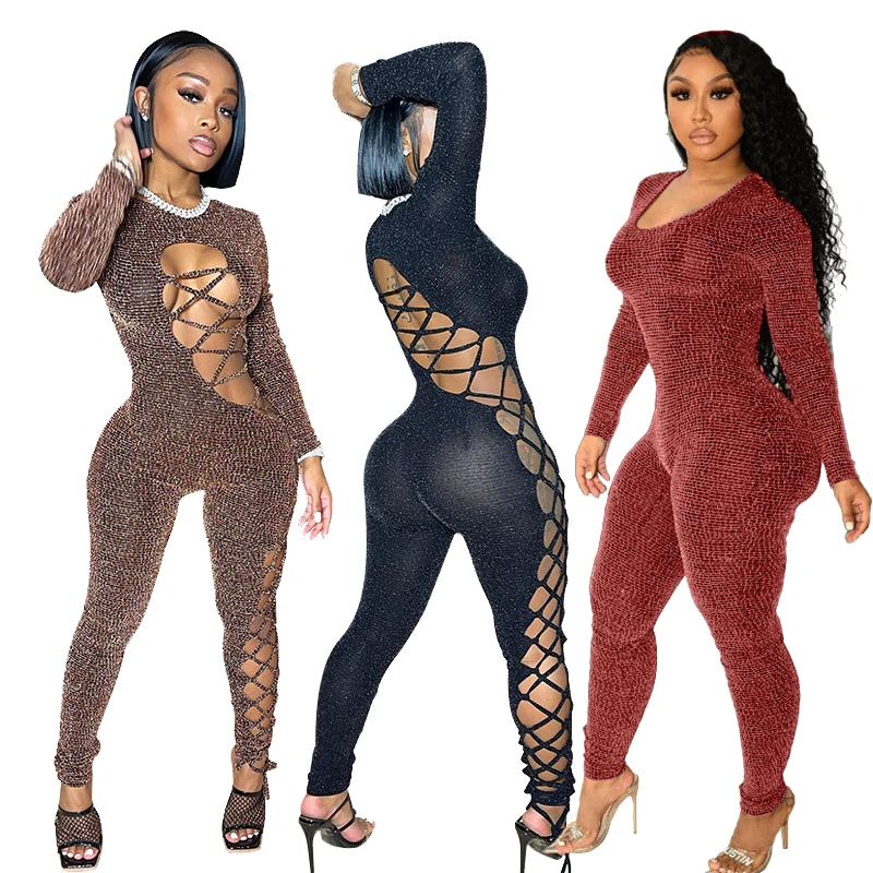 

Женский цельный Облегающий комбинезон-пикантный комбинезон с длинным рукавом и высокой талией, комбинезон с вырезами, вязаный сексуальный ...