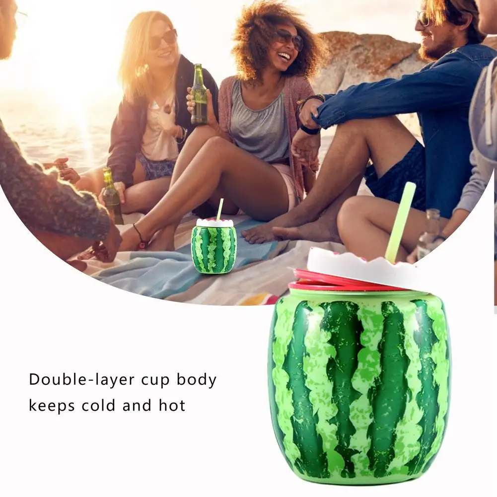 

Watermelon-shaped Water Cup Double-layer Insulation Cup Outdoor Watermelon Cup With Lids And Straws Creative Double Straw Cup