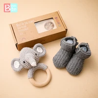 3pcset baby rattle toy set wooden rodent pendant elephant crochet animals mobile rattle infants knitting shoes for newborn gift