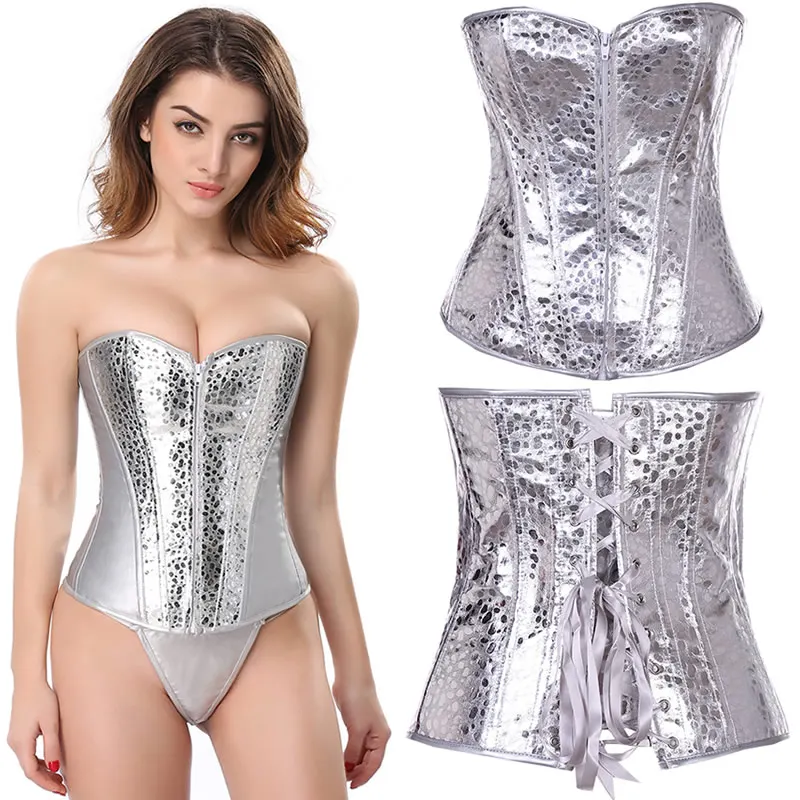 

Silver Corset Top Shining Twinkle Faux Leather Overbust Bustier Front Zipper Blink Corselet Elastic Boned Gothic Clubwear Korset