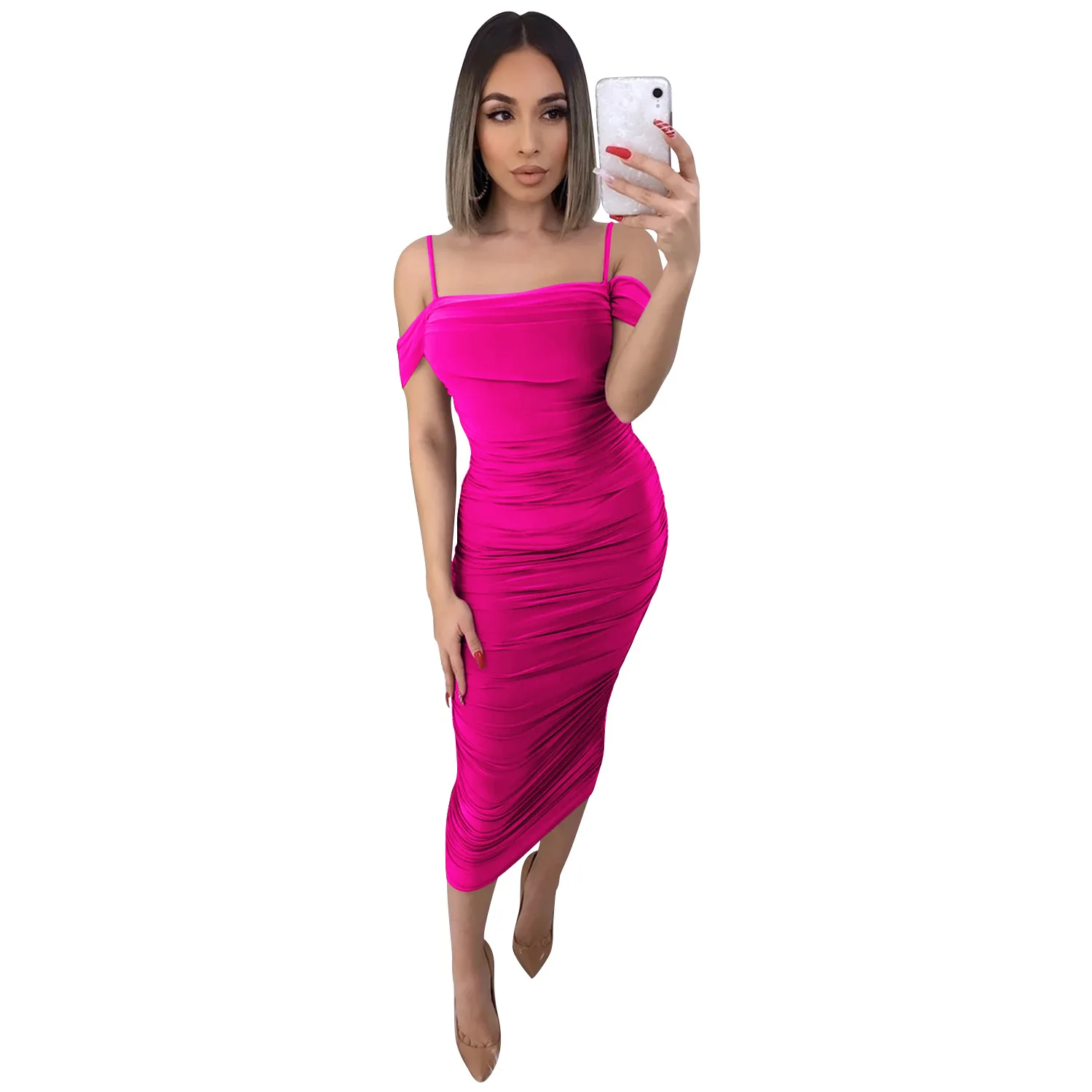 

Elegantes Para Mujer Vestidos Largos Verano Women Sexy Slip Dress Mid-calf Long Pleated Dresses Casual Slim Fit Lady Party Dress