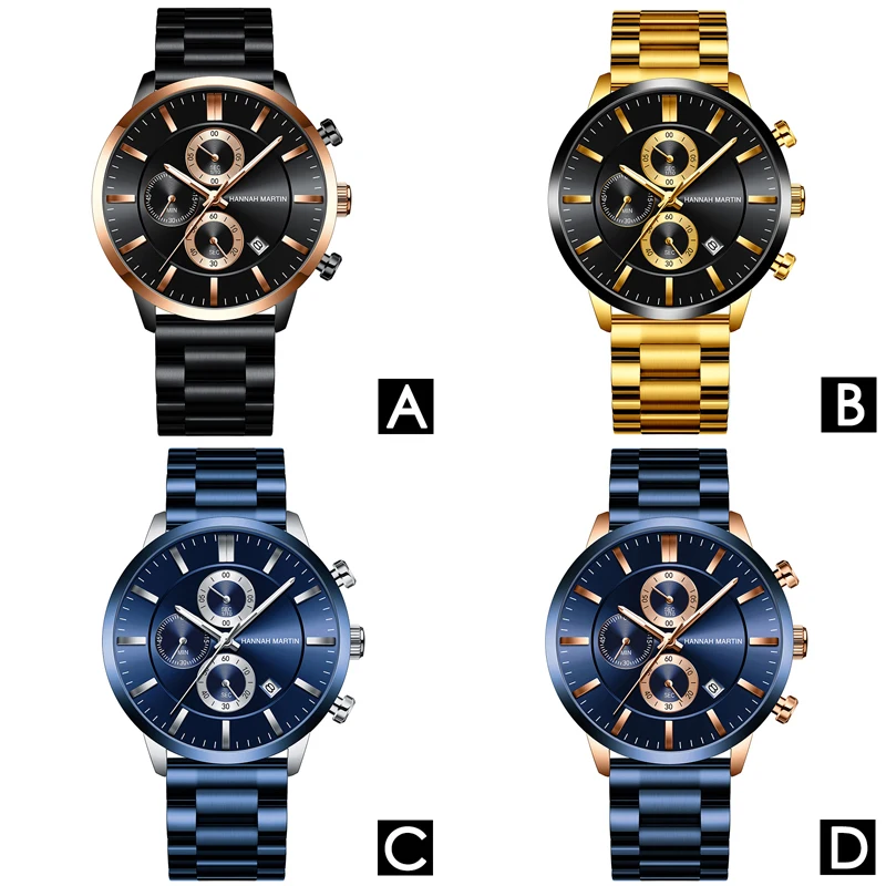 

Hannah Martin Fashion Casual Top Brand Men's Watches Stainless Steel Band Luxury Quartz Wristwatches Calendar Watch