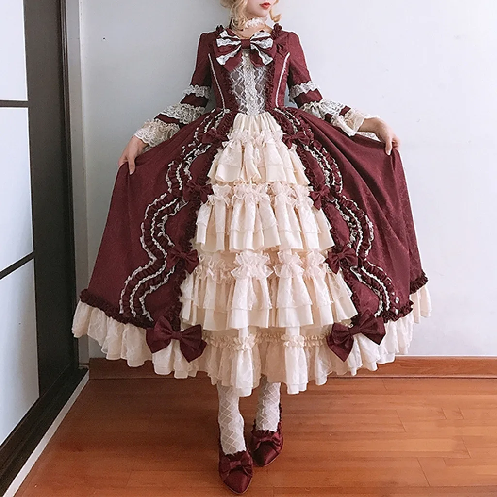 

2020 Medieval Vintage Gothic Court Lolita Square Collar Party Dress Lace Patchwork Bow Dress Women Vestidos Ropa Mujer Sukienki