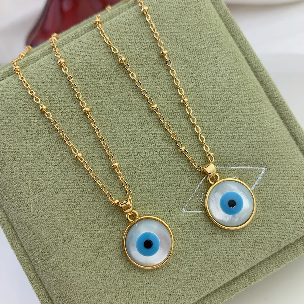 

Mother Of Pearl Shell Round Blue Evil Eye Necklace For Women Girl Gifts Jewelry