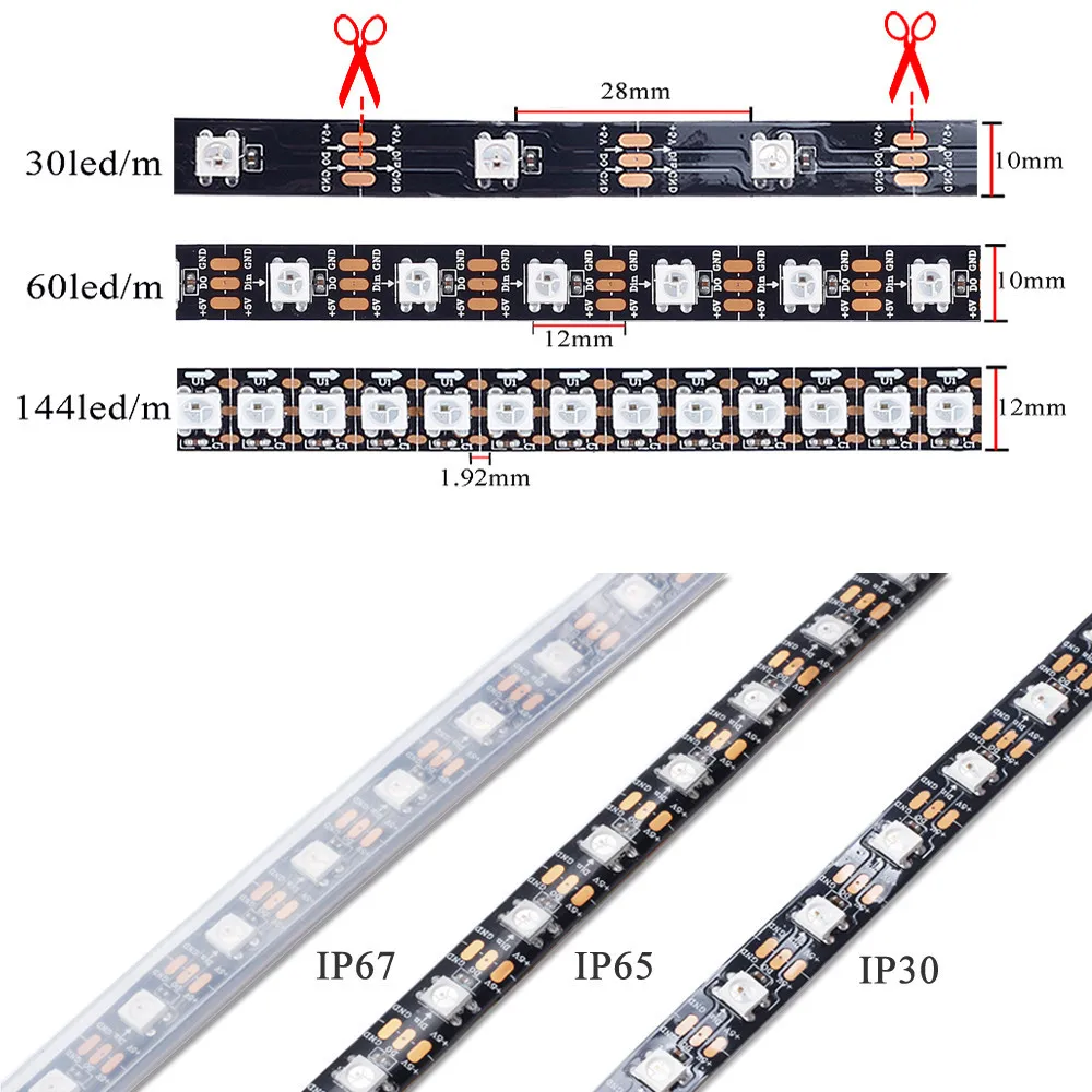 WS2812B Светодиодные ленты RGB ленты 30/60/144 светодиодный s/М ws2812 индивидуально адресуемых ФИТА полосы для ПК ambi светильник неоновый светильник DC 5V