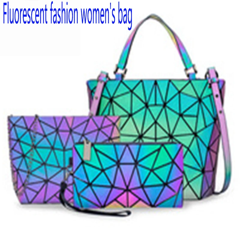 

Модная женская сумка, новинка 2021, Сумка с ромбовидным узором, флуоресцентная Диагональная Сумка-мешок, комплект из трех предметов