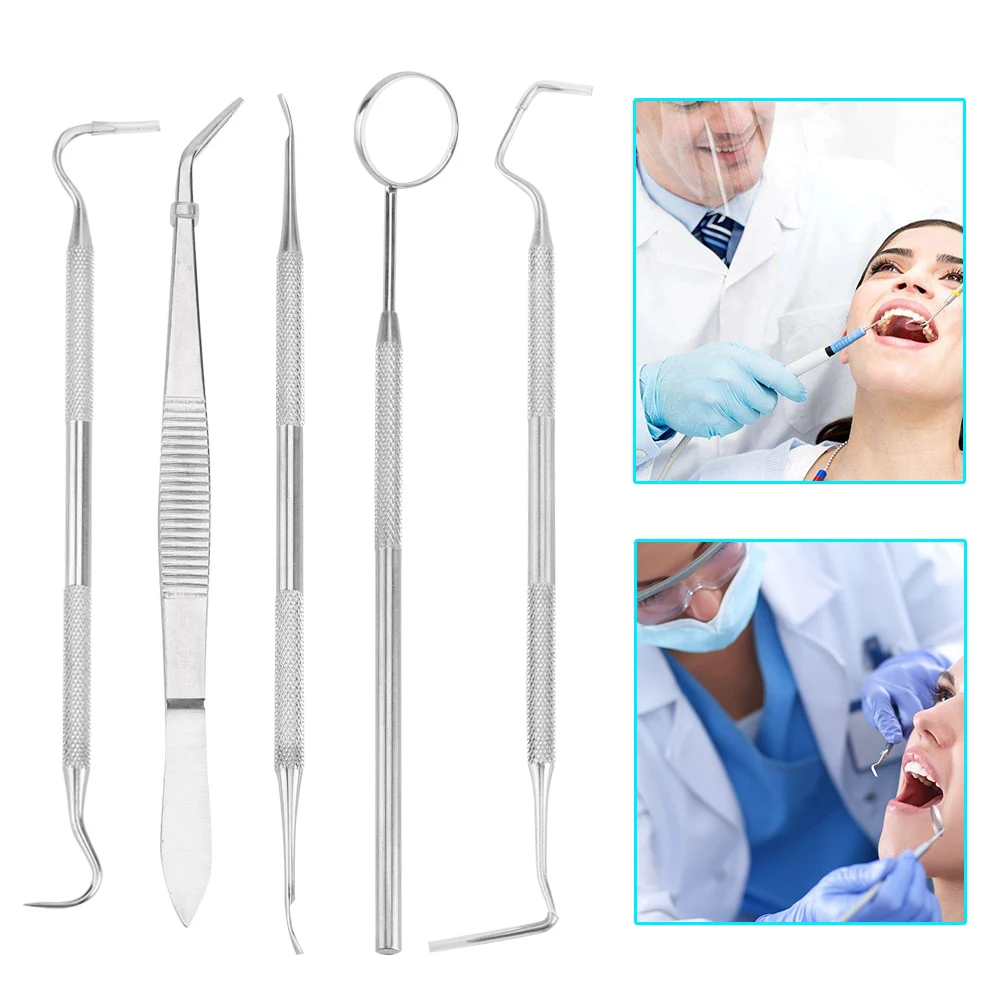 

5Pc Profession Stainless Steel Dentist Dental Cleaning Set Mouth Mirror Tweezers Probe Dental Kit Oral Care Dentist Prepare Tool